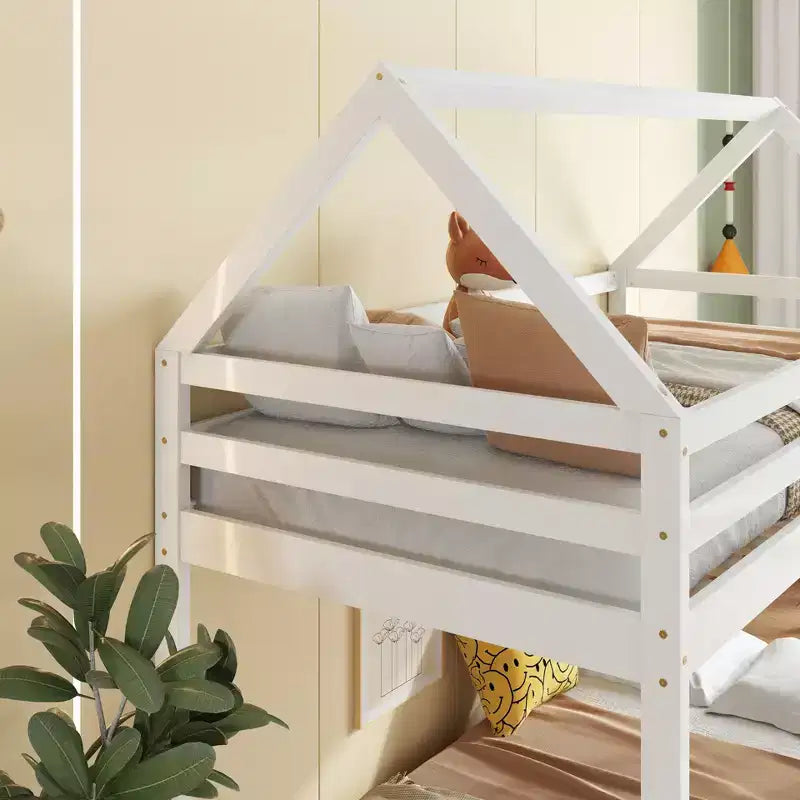 Lit superposé cabane jumeau sur jumeau pour enfants et adolescents, cadre de lit superposé en bois avec barrières de sécurité et échelle