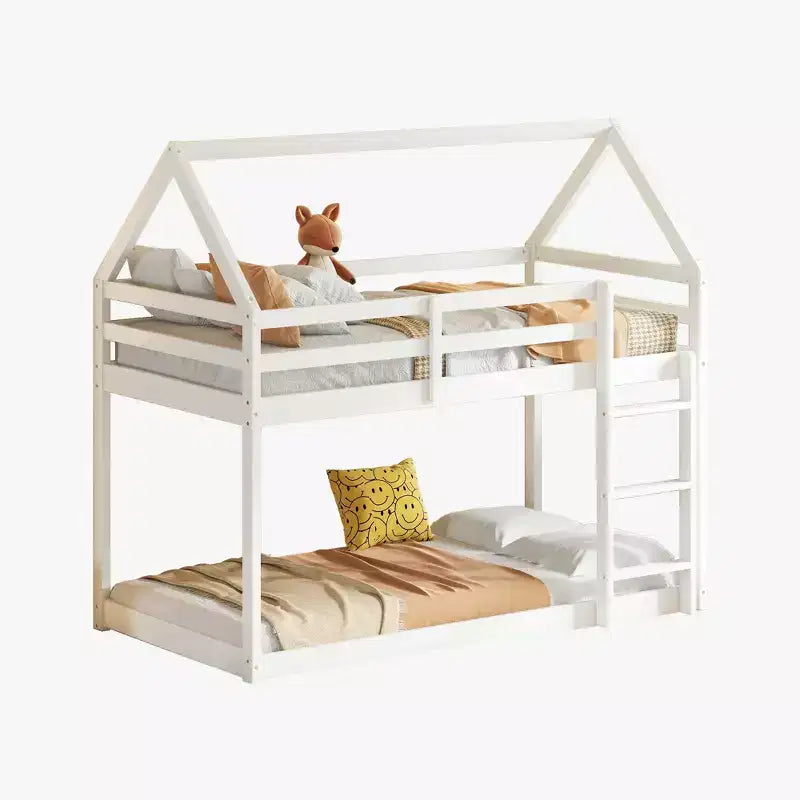 Lit superposé cabane jumeau sur jumeau pour enfants et adolescents, cadre de lit superposé en bois avec barrières de sécurité et échelle