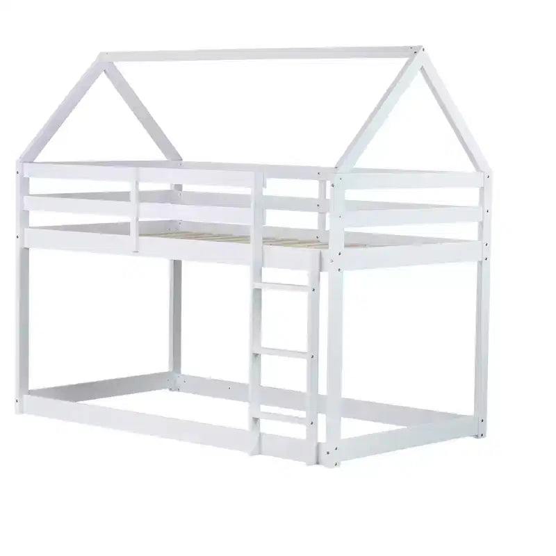 Lit superposé cabane jumeau sur jumeau pour enfants et adolescents, cadre de lit superposé en bois avec barrières de sécurité et échelle