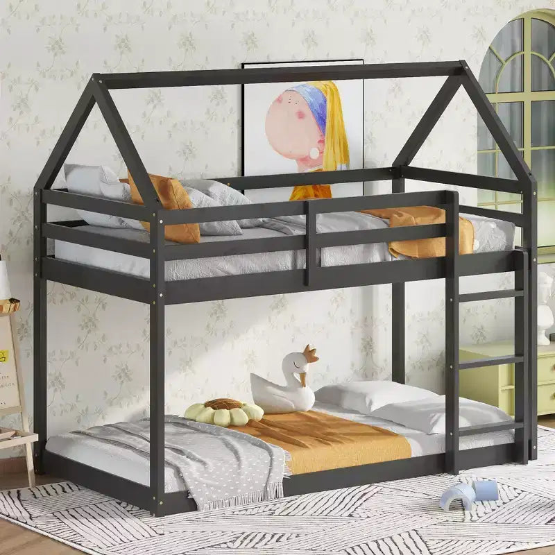 Lit superposé cabane jumeau sur jumeau pour enfants et adolescents, cadre de lit superposé en bois avec barrières de sécurité et échelle