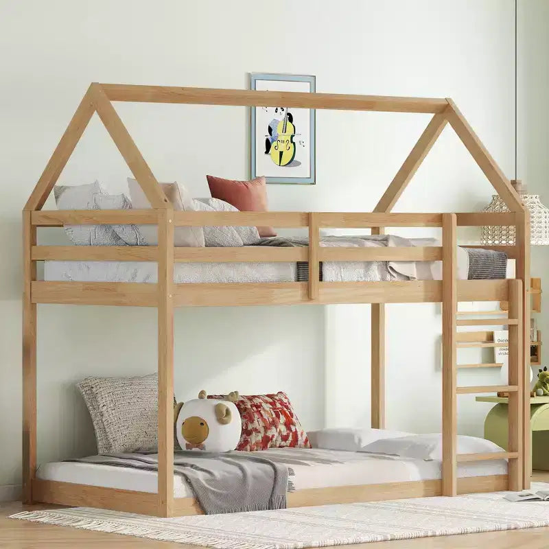 Lit superposé cabane jumeau sur jumeau pour enfants et adolescents, cadre de lit superposé en bois avec barrières de sécurité et échelle