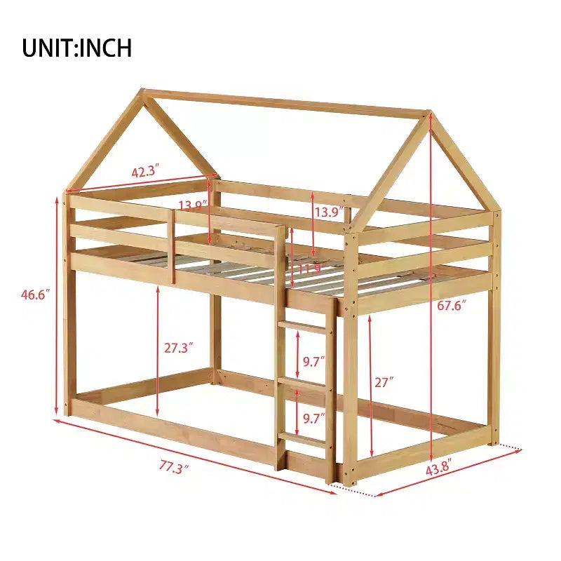 Lit superposé cabane jumeau sur jumeau pour enfants et adolescents, cadre de lit superposé en bois avec barrières de sécurité et échelle