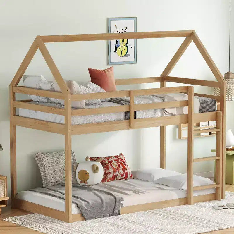 Lit superposé cabane jumeau sur jumeau pour enfants et adolescents, cadre de lit superposé en bois avec barrières de sécurité et échelle