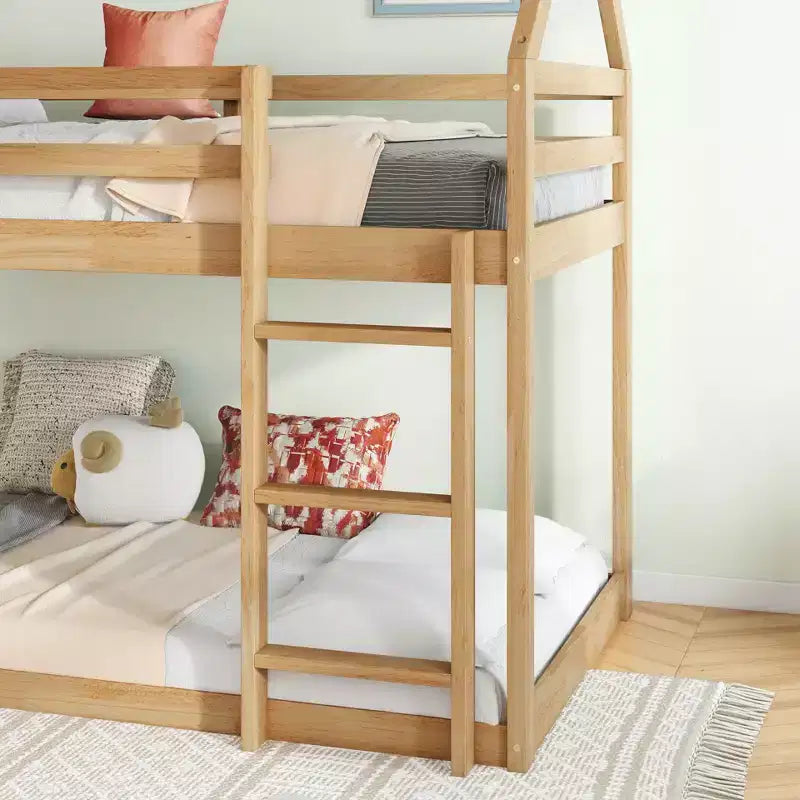 Lit superposé cabane jumeau sur jumeau pour enfants et adolescents, cadre de lit superposé en bois avec barrières de sécurité et échelle