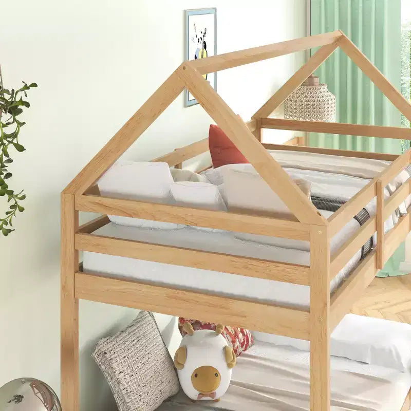 Lit superposé cabane jumeau sur jumeau pour enfants et adolescents, cadre de lit superposé en bois avec barrières de sécurité et échelle