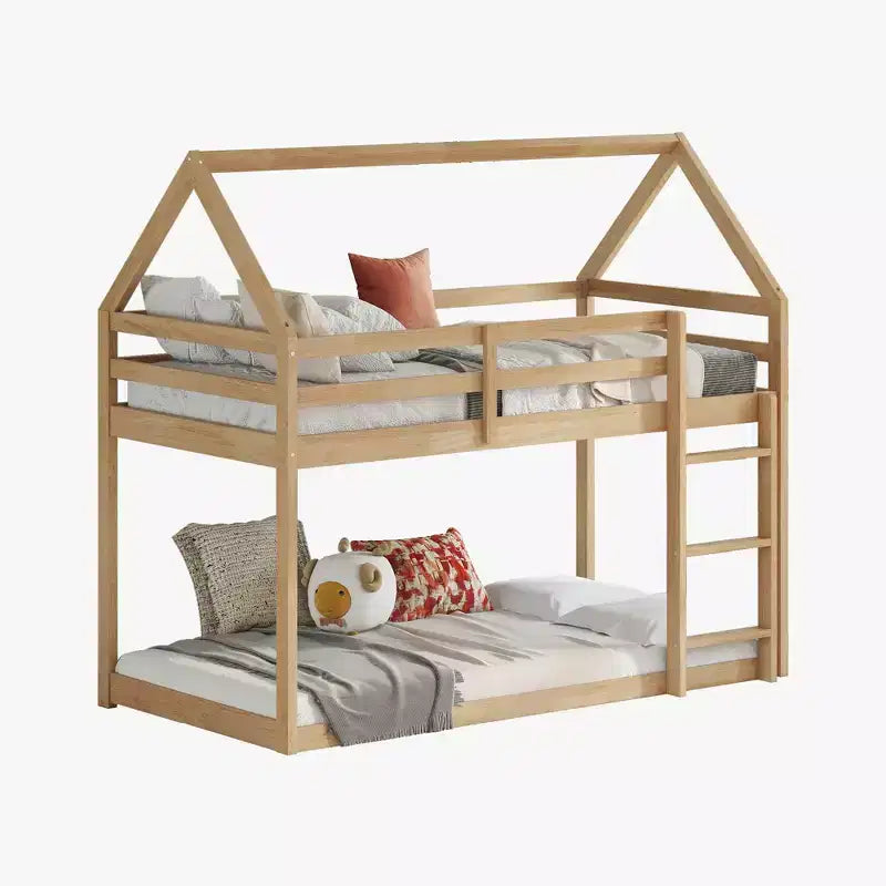 Lit superposé cabane jumeau sur jumeau pour enfants et adolescents, cadre de lit superposé en bois avec barrières de sécurité et échelle