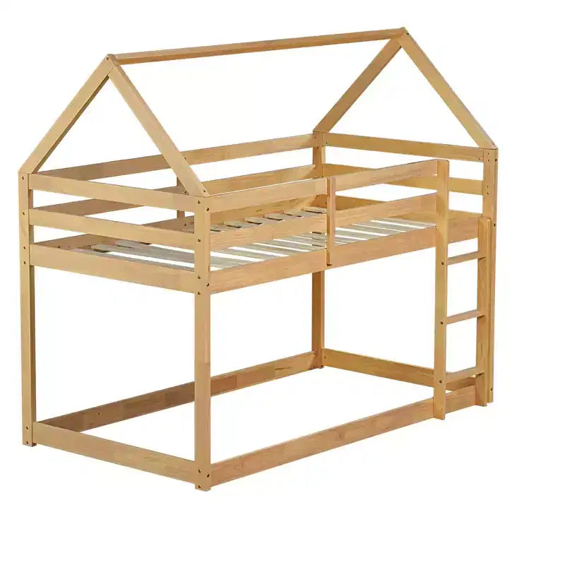 Lit superposé cabane jumeau sur jumeau pour enfants et adolescents, cadre de lit superposé en bois avec barrières de sécurité et échelle