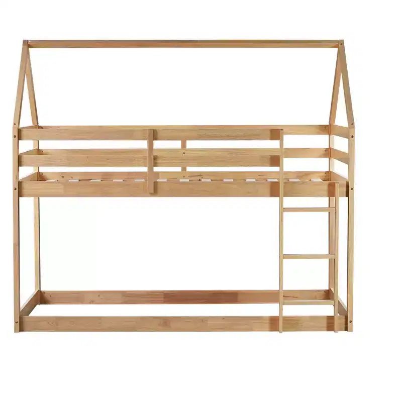 Lit superposé cabane jumeau sur jumeau pour enfants et adolescents, cadre de lit superposé en bois avec barrières de sécurité et échelle