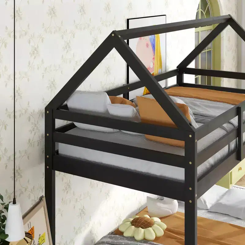 Lit superposé cabane jumeau sur jumeau pour enfants et adolescents, cadre de lit superposé en bois avec barrières de sécurité et échelle