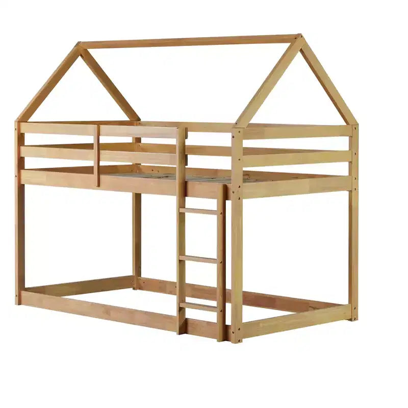 Lit superposé cabane jumeau sur jumeau pour enfants et adolescents, cadre de lit superposé en bois avec barrières de sécurité et échelle