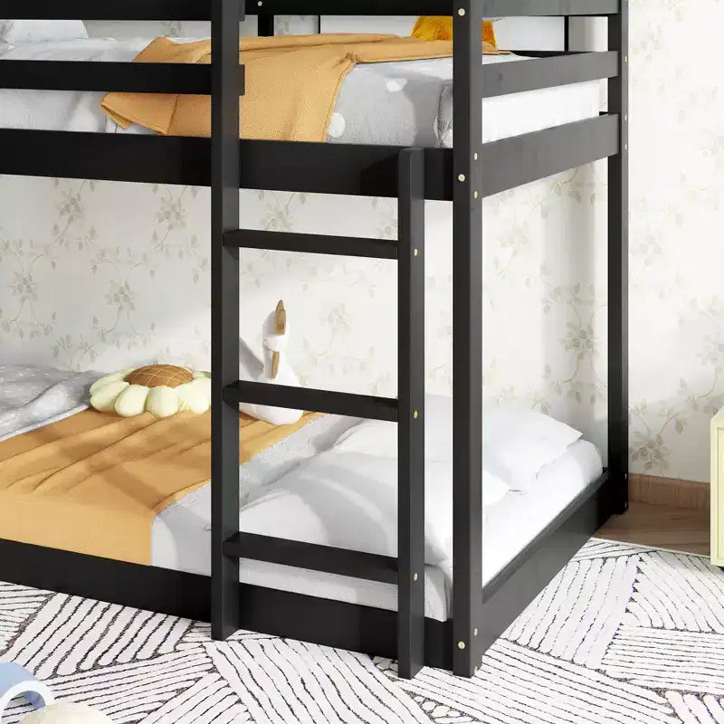 Lit superposé cabane jumeau sur jumeau pour enfants et adolescents, cadre de lit superposé en bois avec barrières de sécurité et échelle
