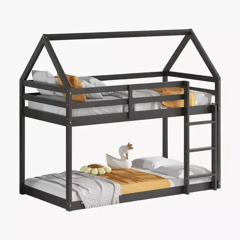 Lit superposé cabane jumeau sur jumeau pour enfants et adolescents, cadre de lit superposé en bois avec barrières de sécurité et échelle