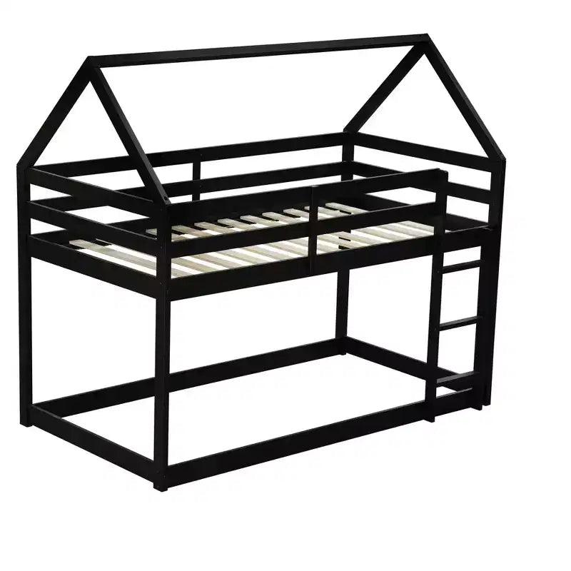 Lit superposé cabane jumeau sur jumeau pour enfants et adolescents, cadre de lit superposé en bois avec barrières de sécurité et échelle