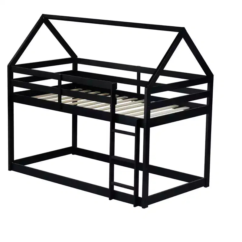 Lit superposé cabane jumeau sur jumeau pour enfants et adolescents, cadre de lit superposé en bois avec barrières de sécurité et échelle