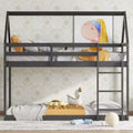 Twin over Twin House Bunk Bed for Kids Teens, Wood Floor Bunk Bed Frame with Guardrails and Ladder