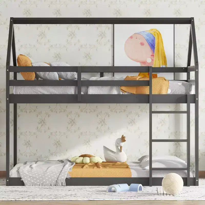Twin over Twin House Bunk Bed for Kids Teens, Wood Floor Bunk Bed Frame with Guardrails and Ladder