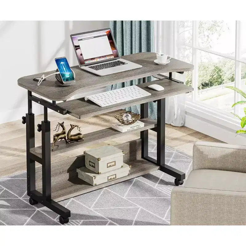 Lantine Portable Desk with Power Outlets, Height Adjustable Laptop Side Table with USB Ports for Sofa, Bedside, Mobile Standing Desk