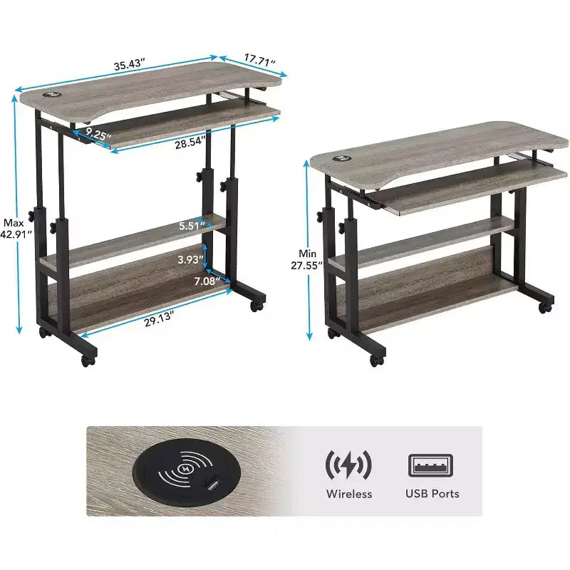 Bureau portable avec prises de courant, table d'appoint pour ordinateur portable réglable en hauteur avec ports USB pour canapé, table de chevet, bureau mobile debout
