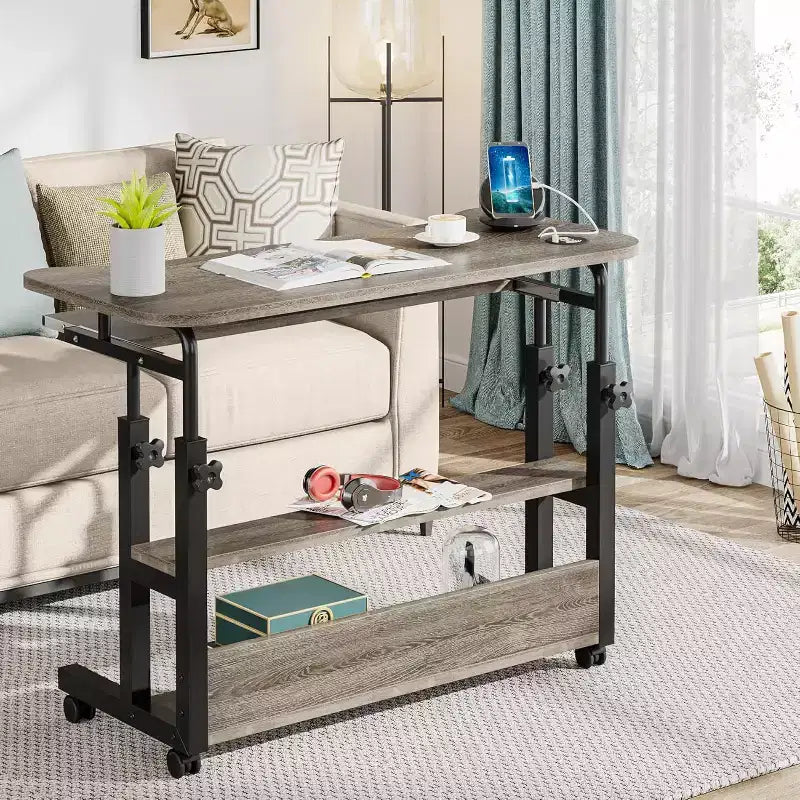 Bureau portable avec prises de courant, table d'appoint pour ordinateur portable réglable en hauteur avec ports USB pour canapé, table de chevet, bureau mobile debout