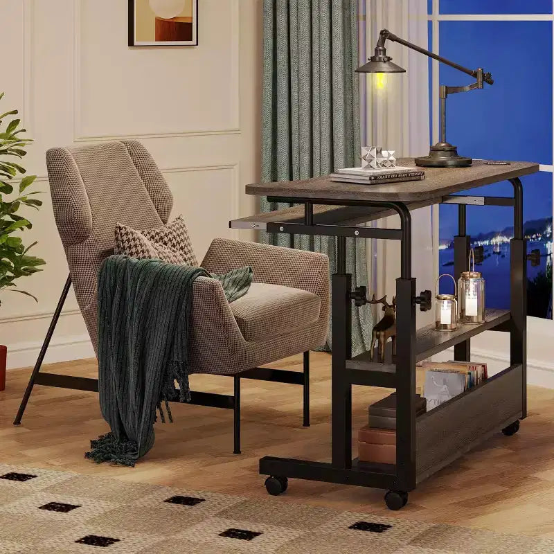 Bureau portable avec prises de courant, table d'appoint pour ordinateur portable réglable en hauteur avec ports USB pour canapé, table de chevet, bureau mobile debout