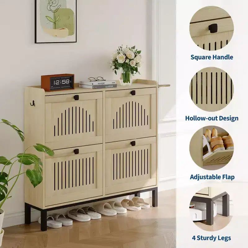 Meuble de rangement pour chaussures avec 4 tiroirs basculants, organiseur de chaussures avec poignées carrées, étagère à chaussures réglable pour entrée, salon, chambre à coucher