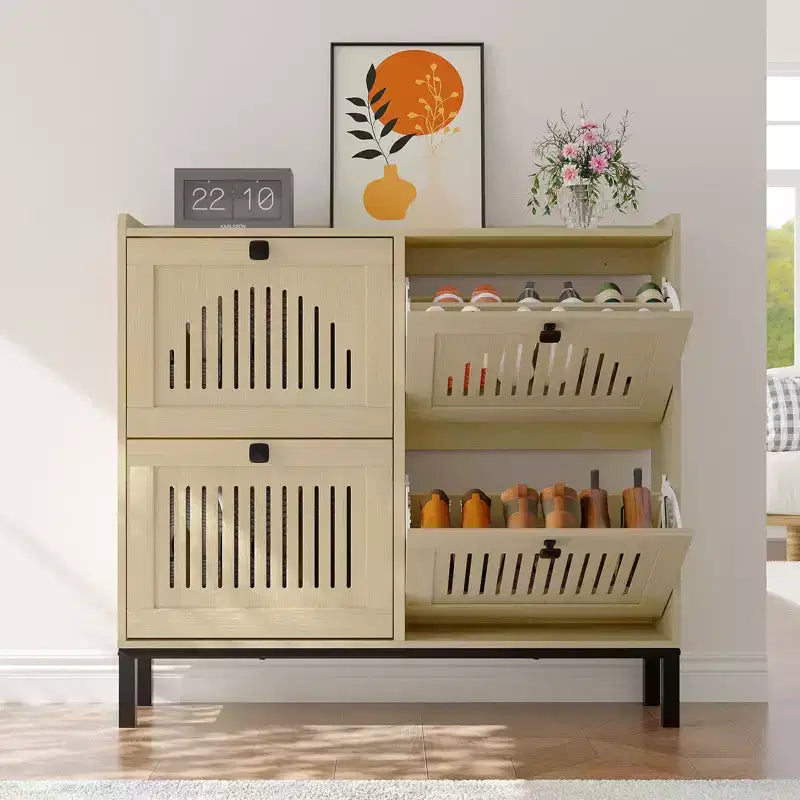 Meuble de rangement pour chaussures avec 4 tiroirs basculants, organiseur de chaussures avec poignées carrées, étagère à chaussures réglable pour entrée, salon, chambre à coucher
