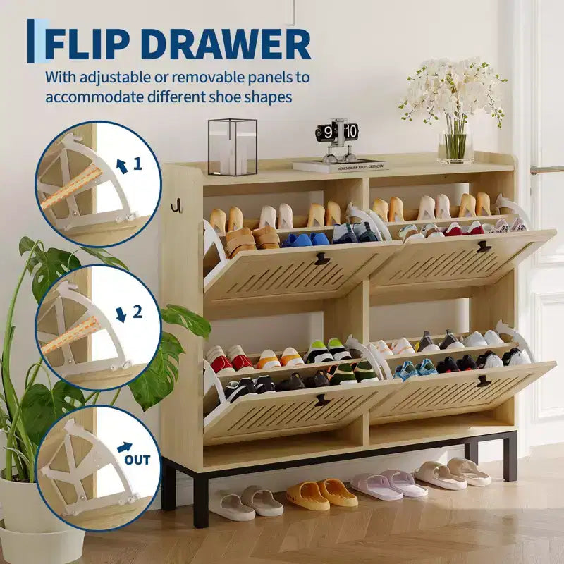 Meuble de rangement pour chaussures avec 4 tiroirs basculants, organiseur de chaussures avec poignées carrées, étagère à chaussures réglable pour entrée, salon, chambre à coucher