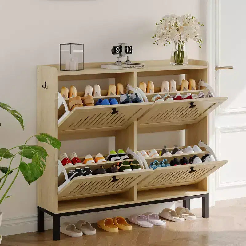 Meuble de rangement pour chaussures avec 4 tiroirs basculants, organiseur de chaussures avec poignées carrées, étagère à chaussures réglable pour entrée, salon, chambre à coucher