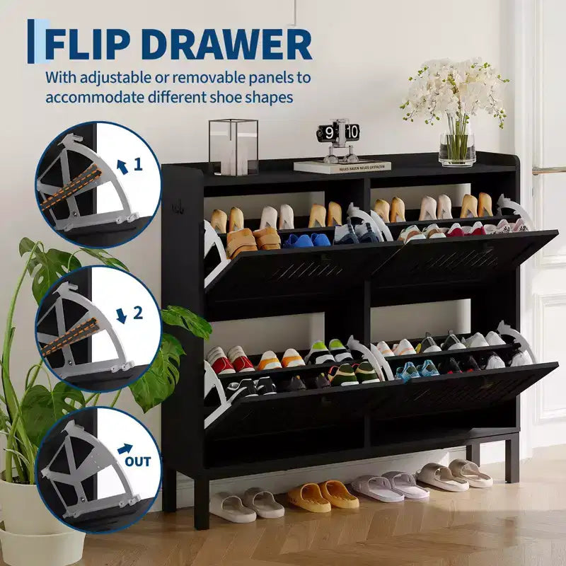 Meuble de rangement pour chaussures avec 4 tiroirs basculants, organiseur de chaussures avec poignées carrées, étagère à chaussures réglable pour entrée, salon, chambre à coucher
